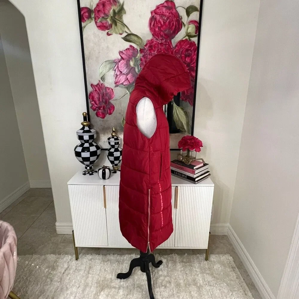 Women's Hooded Sleeveless Quilted Long Down Full Zip Puffer Vest Burgundy Small